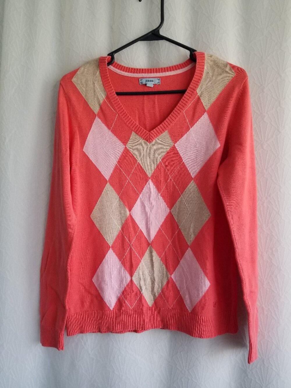 Izod Sweater Coral Argyle V Neck Preppy Y2K Large